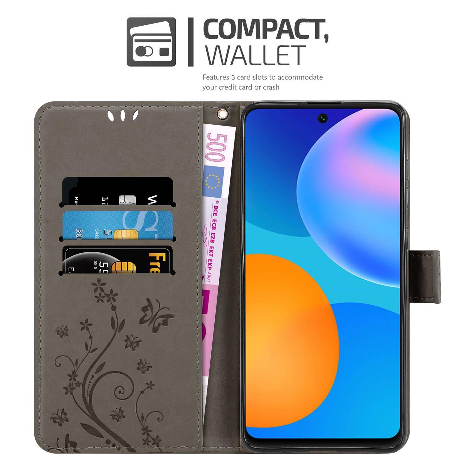 Cadorabo Hülle für Huawei P SMART 2021 Schutz Hülle in Grau Schutzhülle Handy Hülle Etui Case Blumen Flower