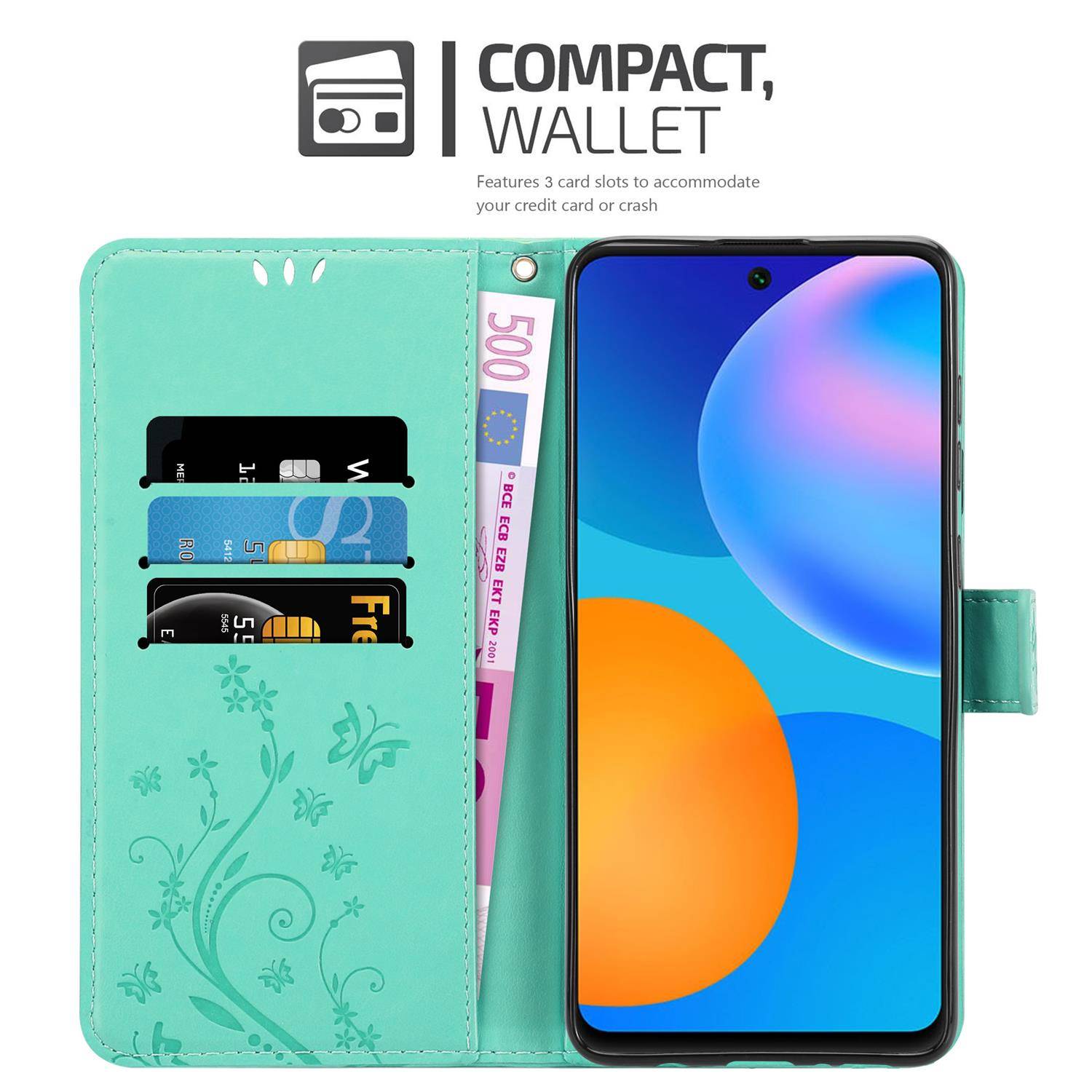 Cadorabo Hülle für Huawei P SMART 2021 Schutz Hülle in Türkis Schutzhülle Handy Hülle Etui Case Blumen Flower
