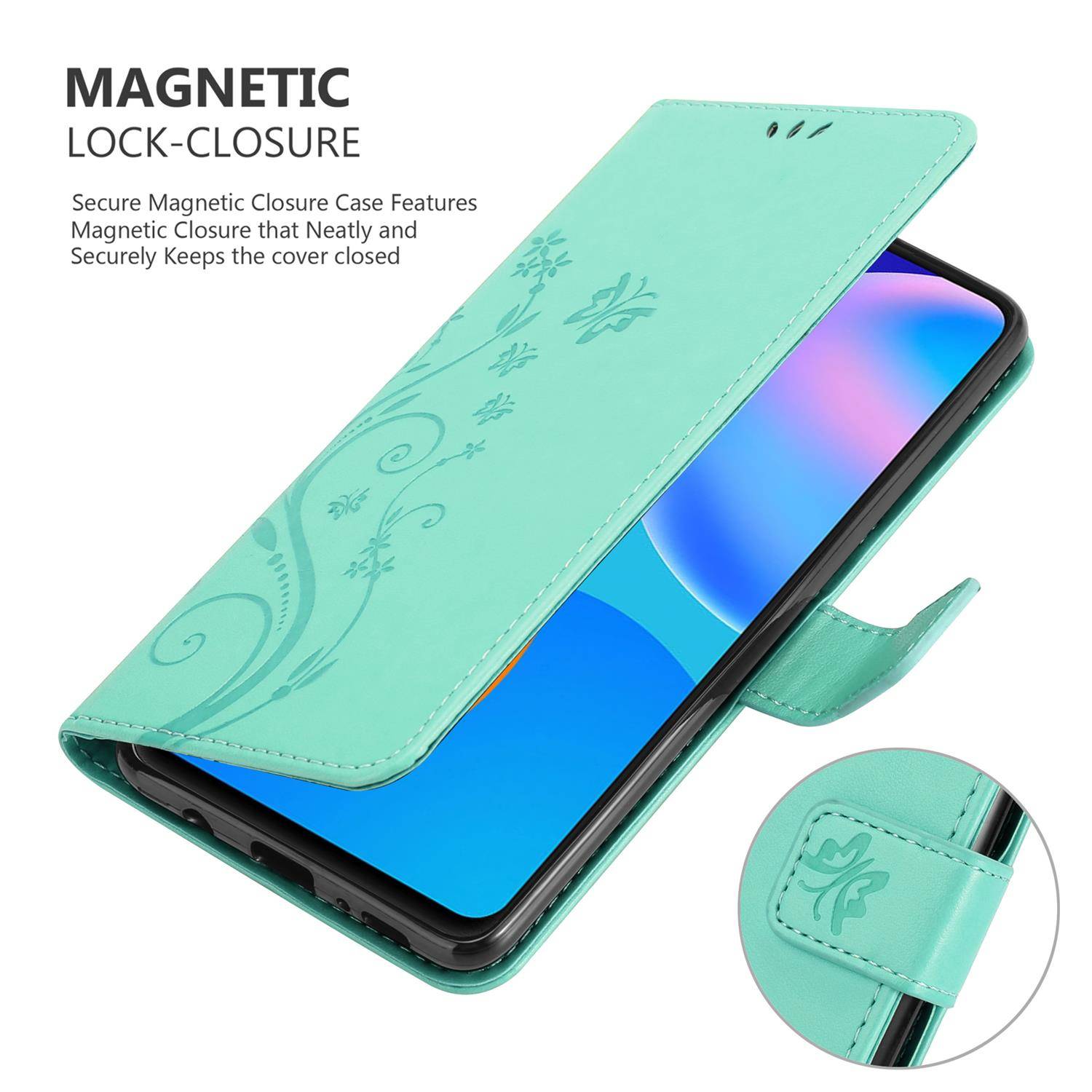 Cadorabo Hülle für Huawei P SMART 2021 Schutz Hülle in Türkis Schutzhülle Handy Hülle Etui Case Blumen Flower