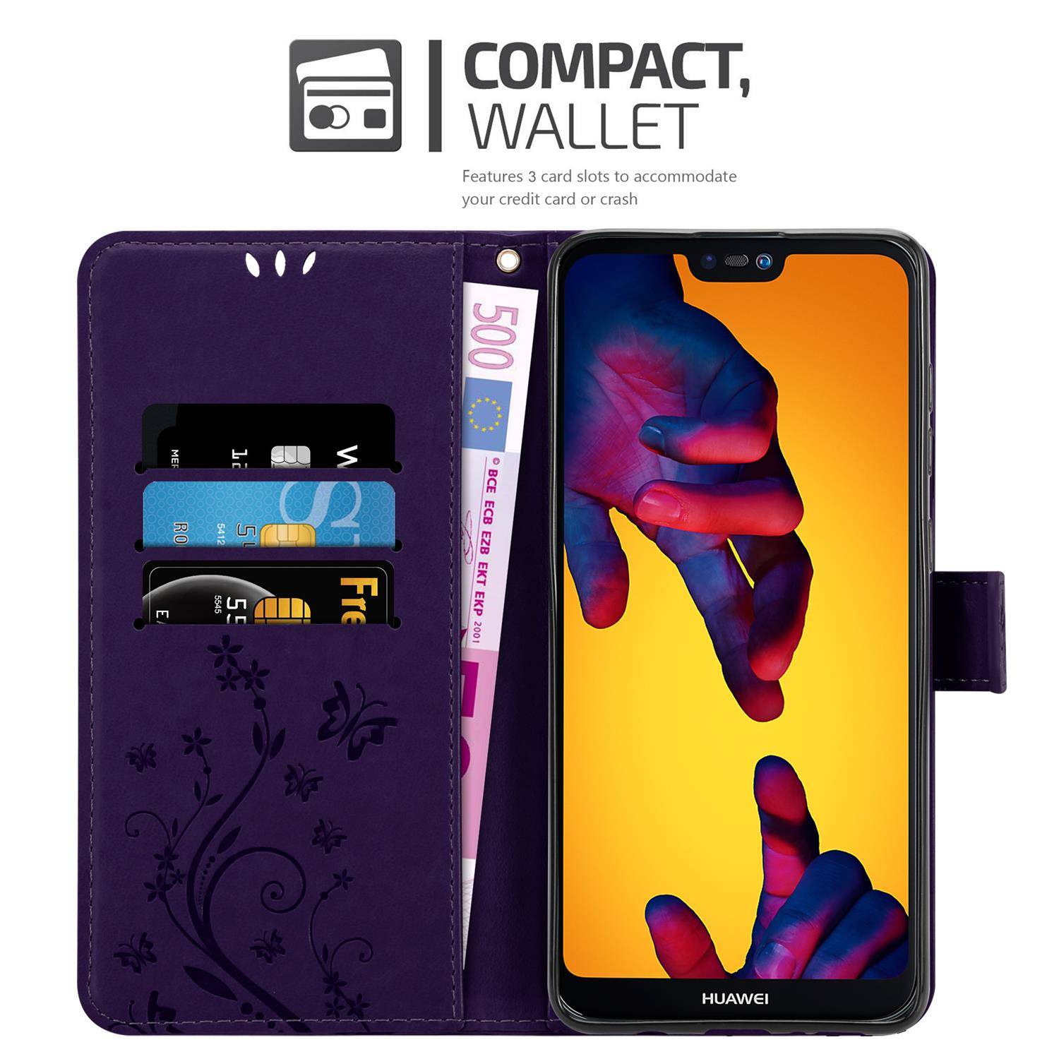 Cadorabo Hülle für Huawei P20 LITE 2018 / NOVA 3E Schutz Hülle in Lila Schutzhülle Handy Hülle Etui Case Blumen Flower