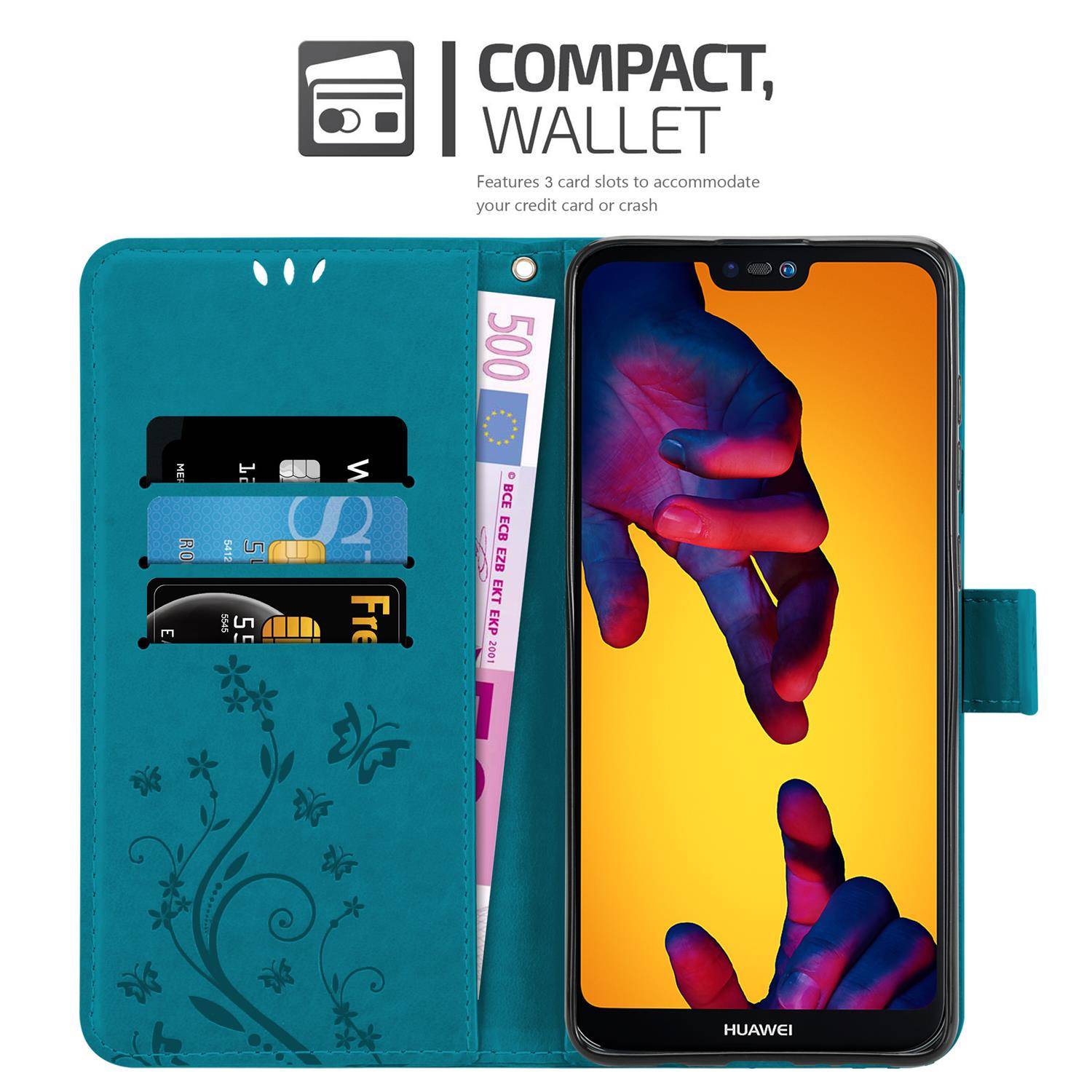 Cadorabo Hülle für Huawei P20 LITE 2018 / NOVA 3E Schutz Hülle in Blau Schutzhülle Handy Hülle Etui Case Blumen Flower