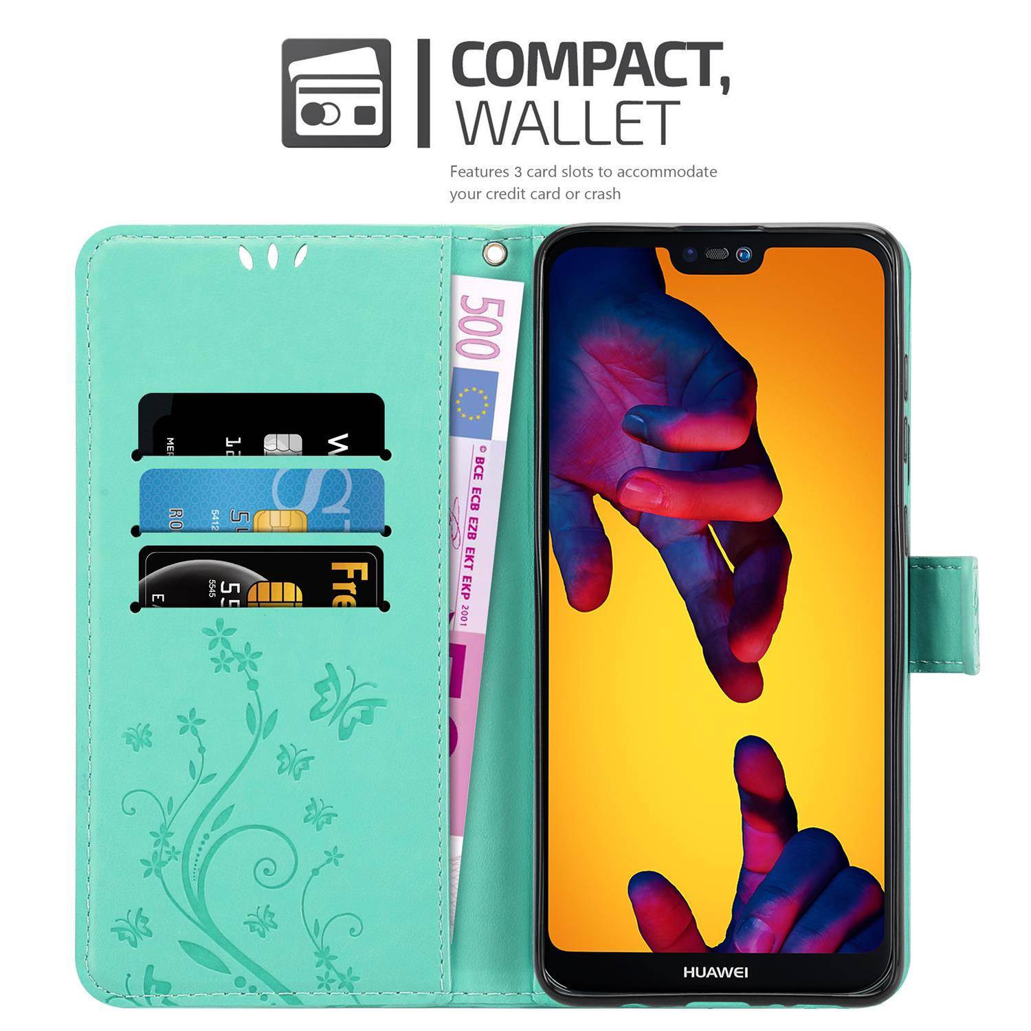 Cadorabo Hülle für Huawei P20 LITE 2018 / NOVA 3E Schutz Hülle in Türkis Schutzhülle Handy Hülle Etui Case Blumen Flower