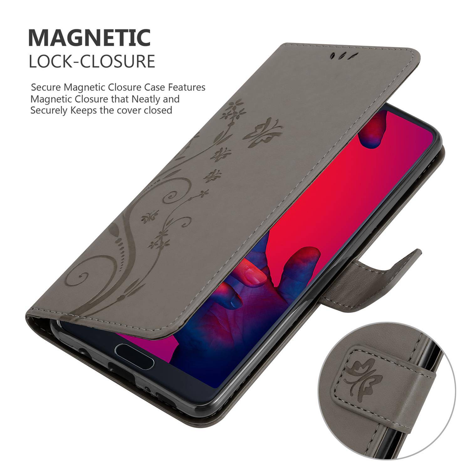 Cadorabo Hülle für Huawei P20 PRO / P20 PLUS Schutz Hülle in Grau Schutzhülle Handy Hülle Etui Case Blumen Flower