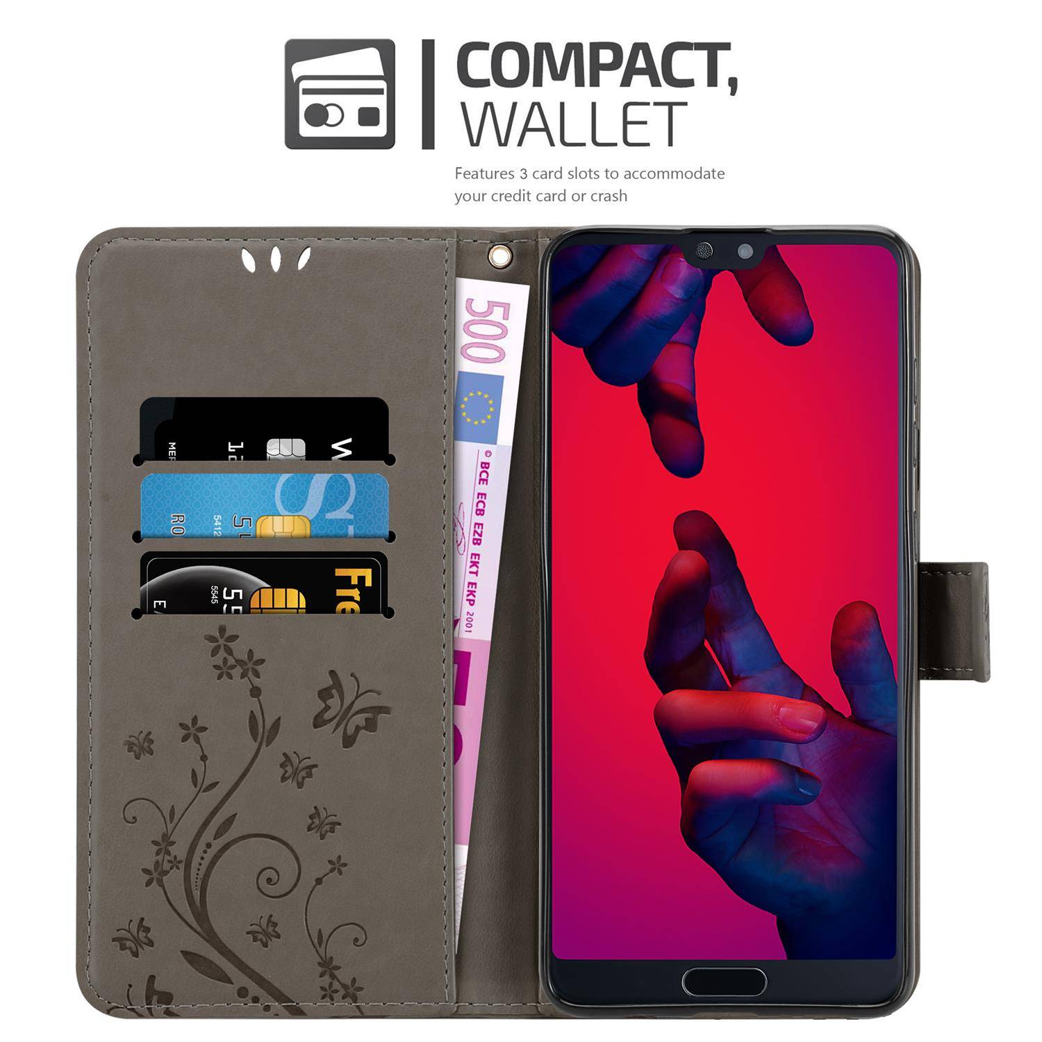 Cadorabo Hülle für Huawei P20 PRO / P20 PLUS Schutz Hülle in Grau Schutzhülle Handy Hülle Etui Case Blumen Flower