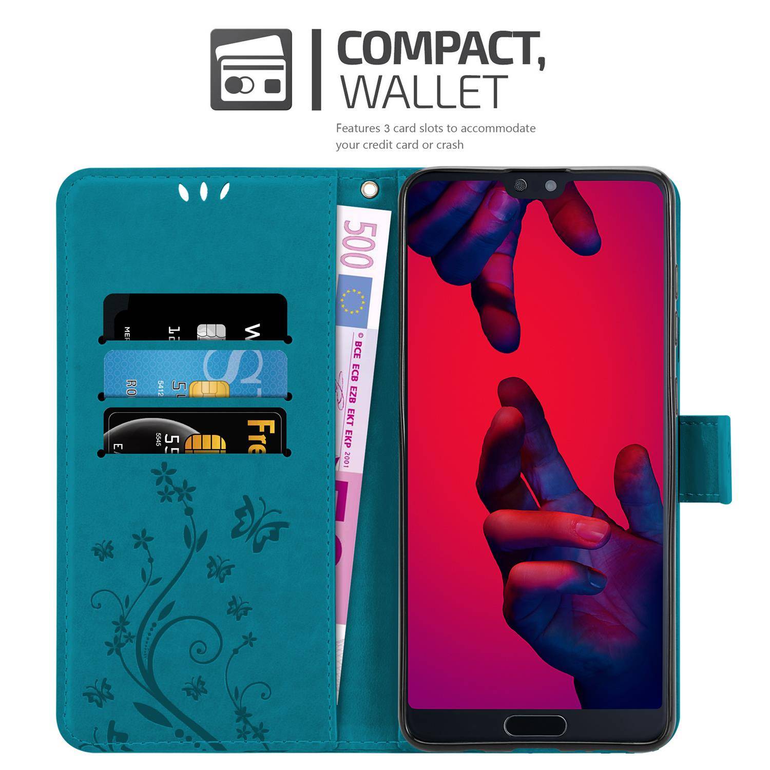 Cadorabo Hülle für Huawei P20 PRO / P20 PLUS Schutz Hülle in Blau Schutzhülle Handy Hülle Etui Case Blumen Flower