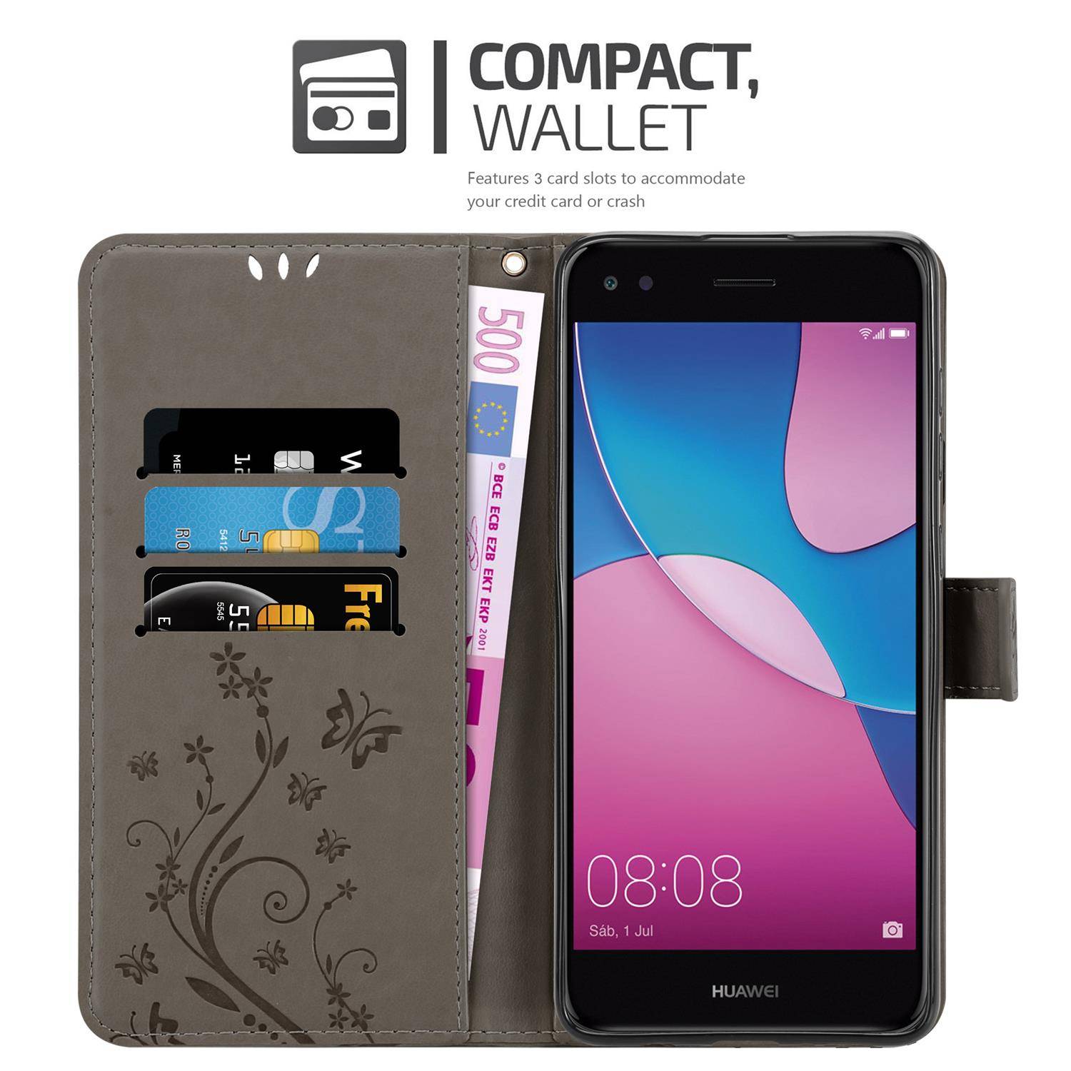 Cadorabo Hülle für Huawei Y6 PRO 2017 Schutz Hülle in Grau Schutzhülle Handy Hülle Etui Case Blumen Flower