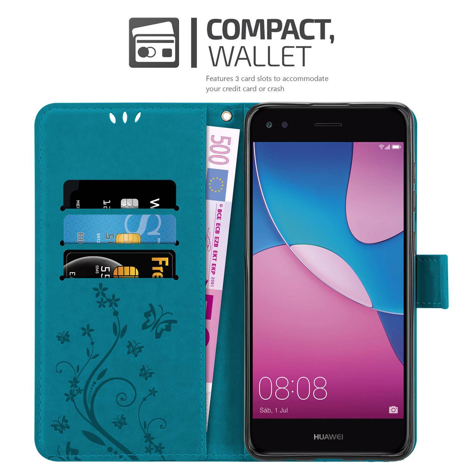Cadorabo Hülle für Huawei Y6 PRO 2017 Schutz Hülle in Blau Schutzhülle Handy Hülle Etui Case Blumen Flower