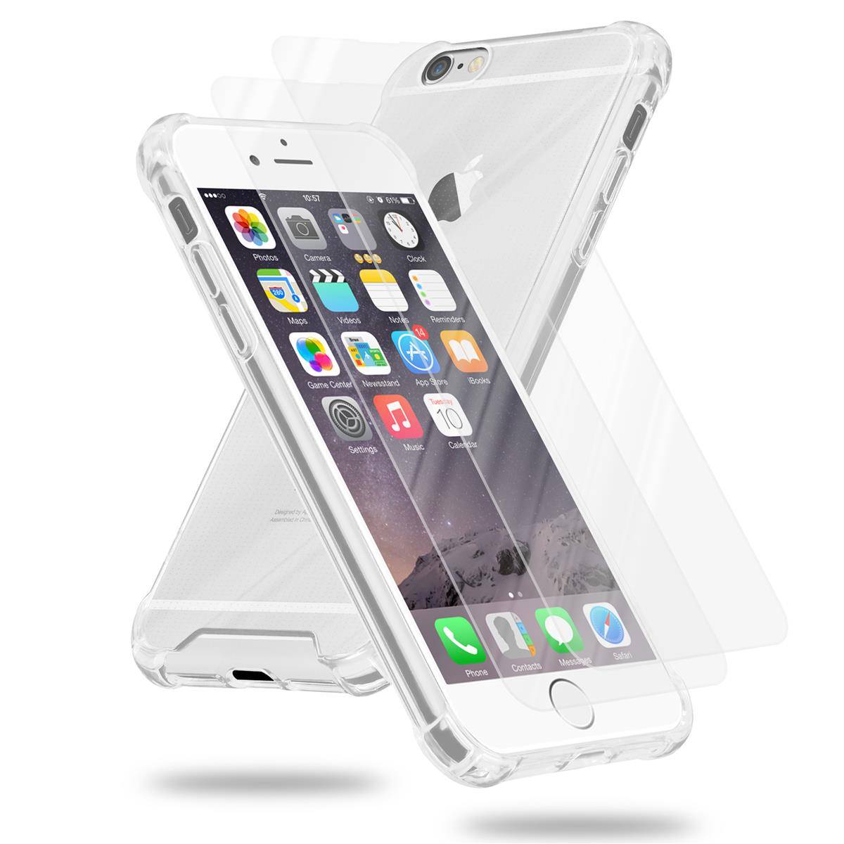 Cadorabo Hülle und 2x Tempered Panzer Folie für Apple iPhone 6 / 6S in Transparent Schutzhülle TPU Silikon Glas-Rücken
