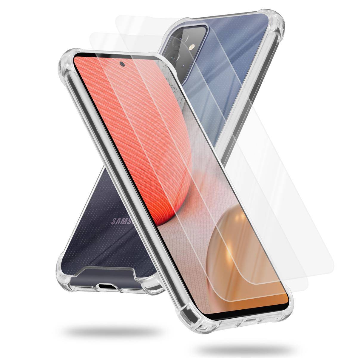 Cadorabo Hülle und 2x Tempered Panzer Folie für Samsung Galaxy A72 4G / 5G in Transparent Schutzhülle TPU Silikon
