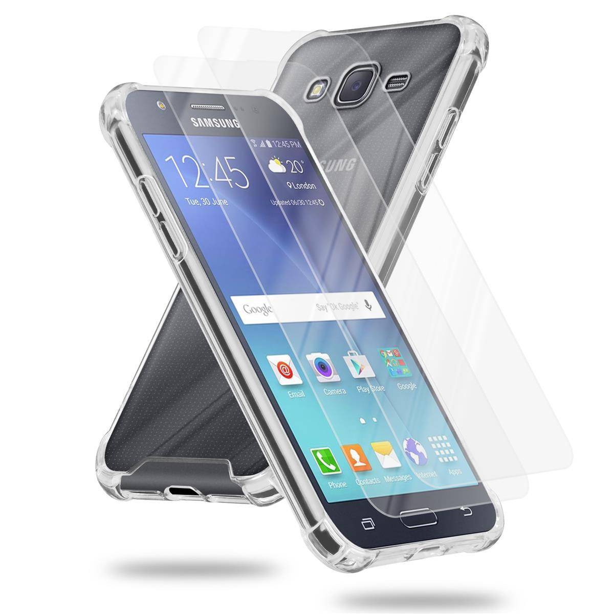 Cadorabo Hülle und 2x Tempered Panzer Folie für Samsung Galaxy J7 2015 in Transparent Schutzhülle TPU Silikon