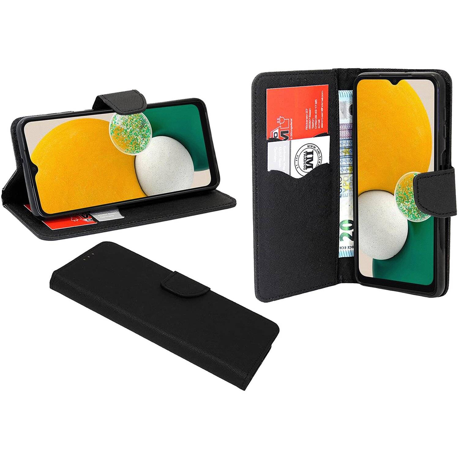 Buch Tasche "Fancy" für Samsung Galaxy A13 5G Handy Hülle Etui Schutzhülle mit Standfunktion, Kartenfach Schwarz