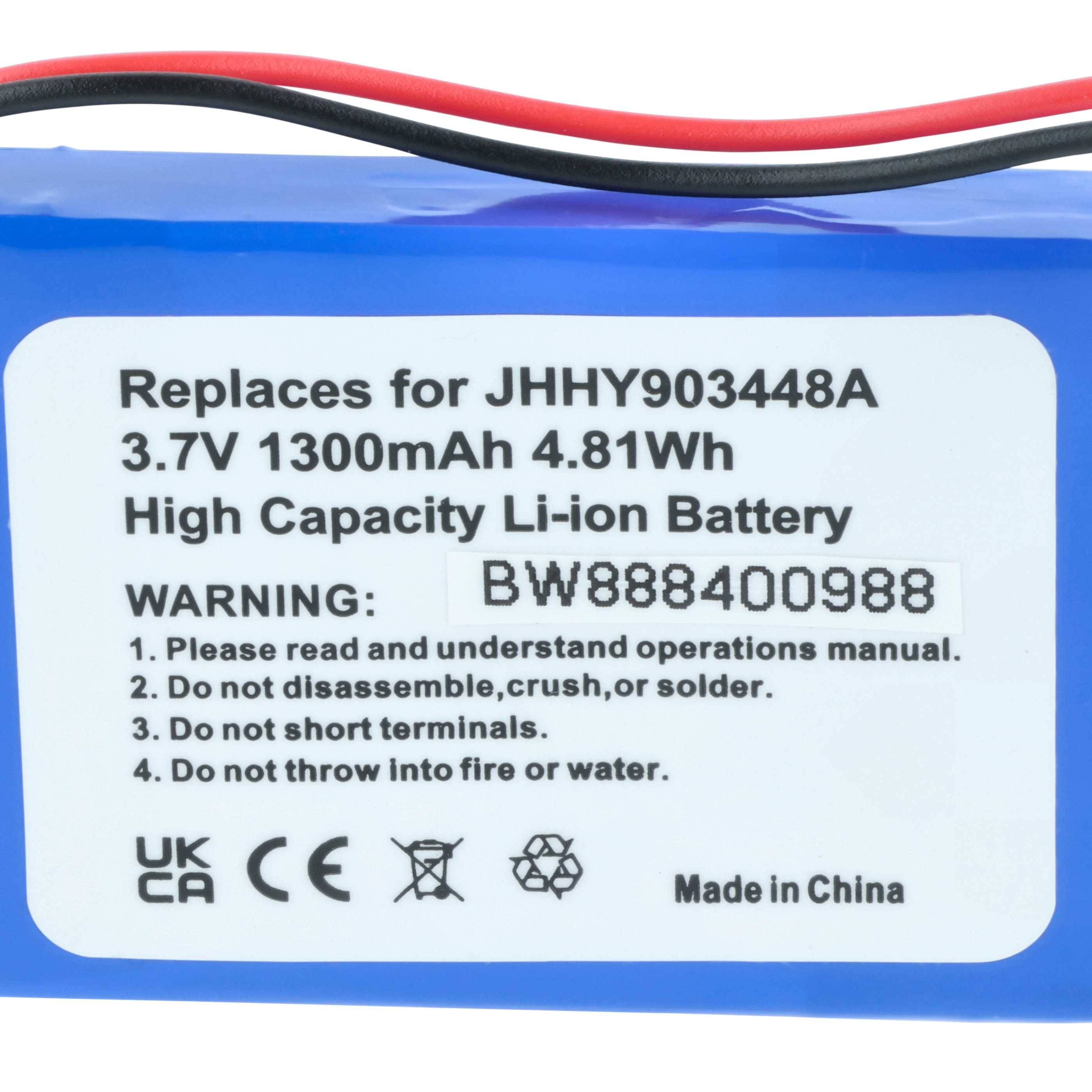 Eine blaue Batterieaufschrift liest sich: 'Ersatz für JHHY903448A 3,7V 1300mAh 4,81Wh Hochkapazitive Li-Ionen-Batterie.' Enthält Warnhinweise und Seriennummer.