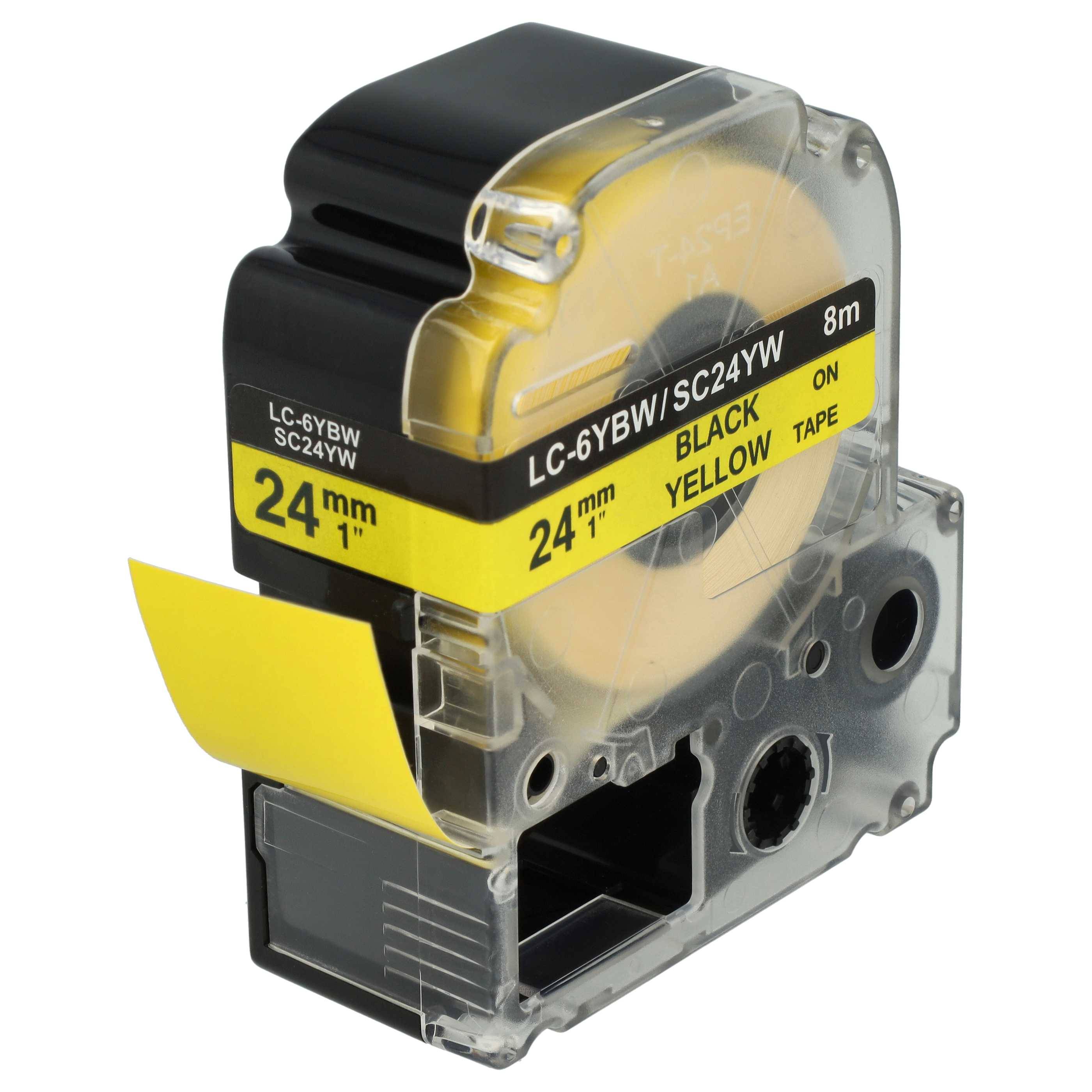 Schwarz-gelbe Etikettenbandkartusche, 24 mm breit und 8 m lang, für ein Etikettiergerät.
