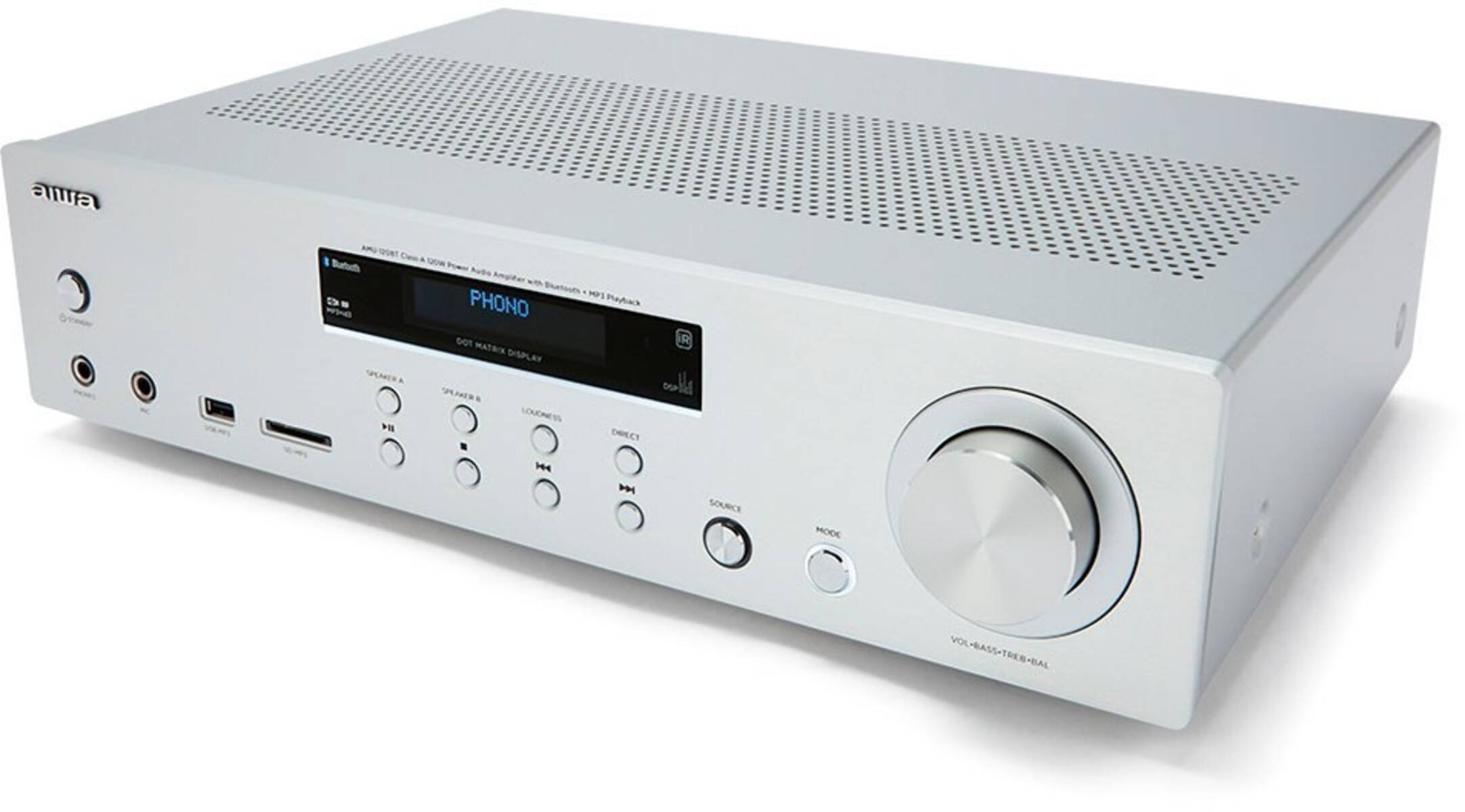 Ein silberner Stereo-Verstärker mit einem großen Lautstärkeregler, LED-Display, das den Eingang als 'Phono' anzeigt, und Tasten für verschiedene Audioeinstellungen.