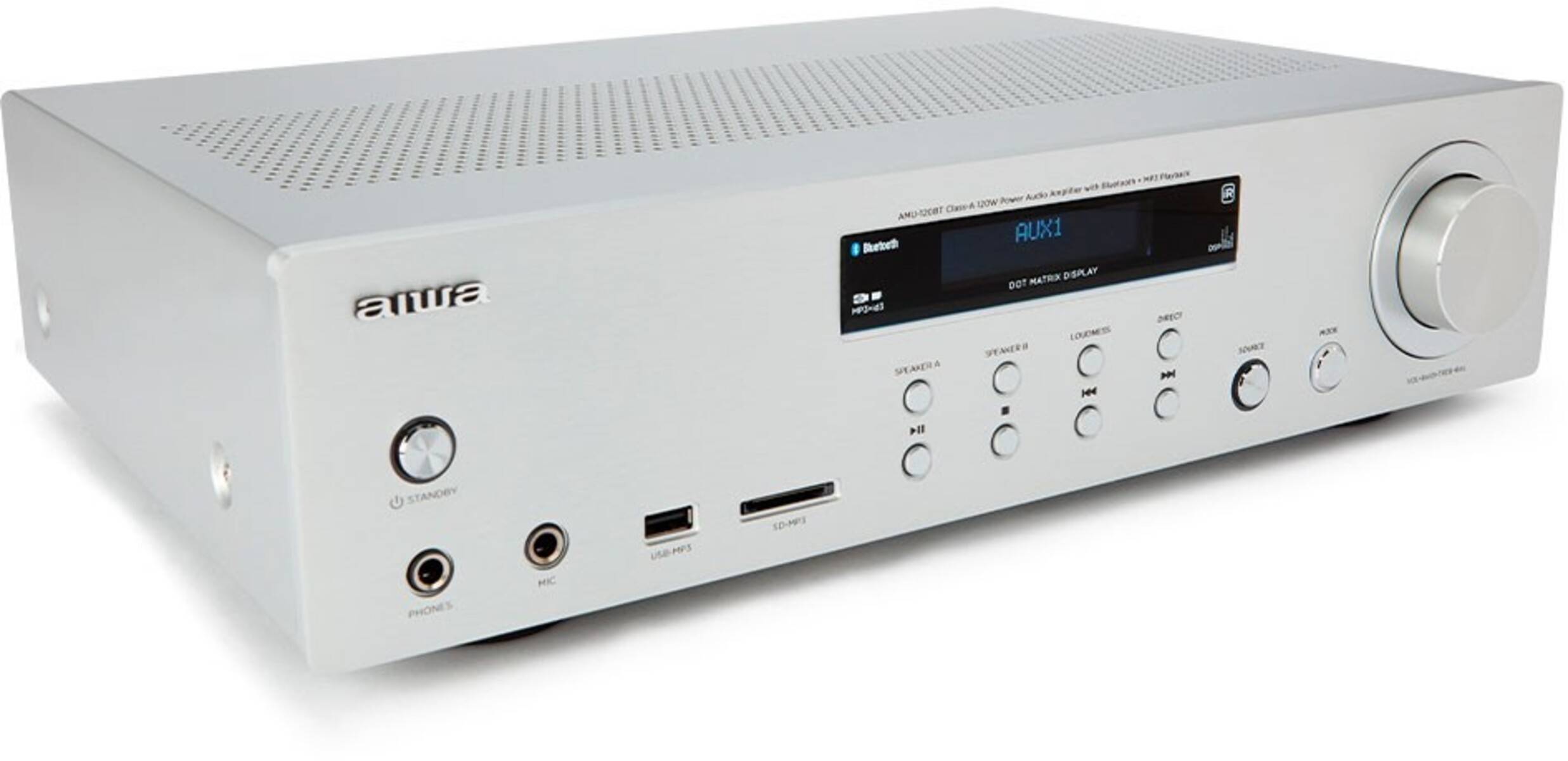 Silber-Audioamplifier mit Bluetooth-Konnektivität, mehreren Eingabemöglichkeiten und Regelknöpfen für Lautstärke und Lautsprecher.