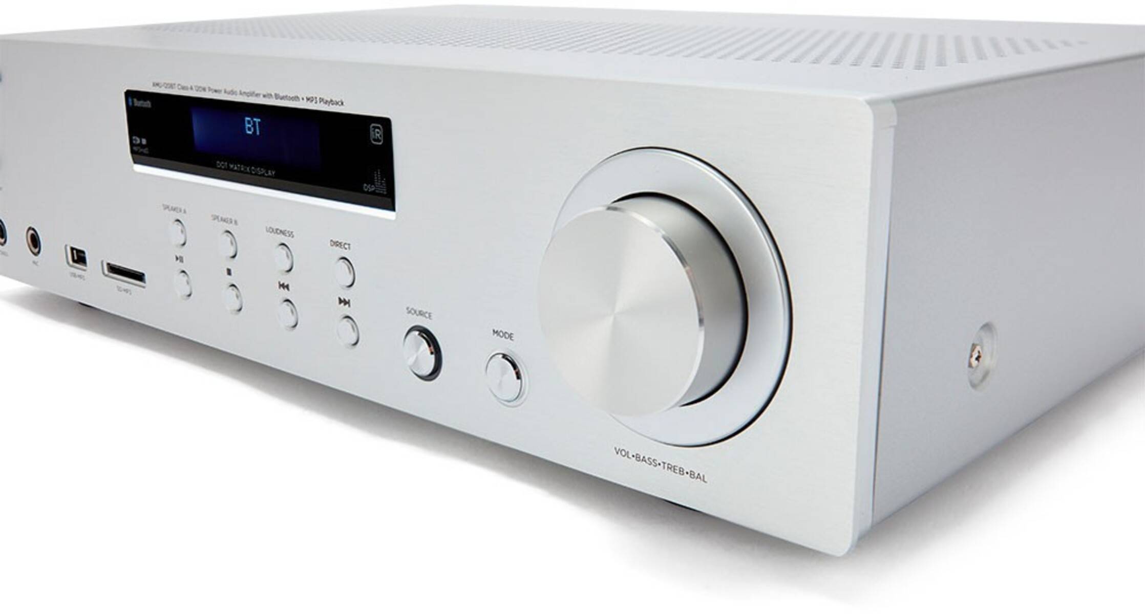 Ein silberner Stereo-Receiver mit einem großen Lautstärkeregler, mehreren Tasten zur Eingangswahl und einem kleinen Displaybildschirm auf der linken Seite.