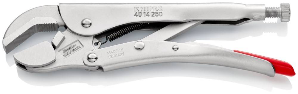 Eine Nahaufnahme eines silbernen Knipex-Rohrzangenmodells mit sichtbarer Seriennummer und der Markierung ‚MADE IN GERMANY'.