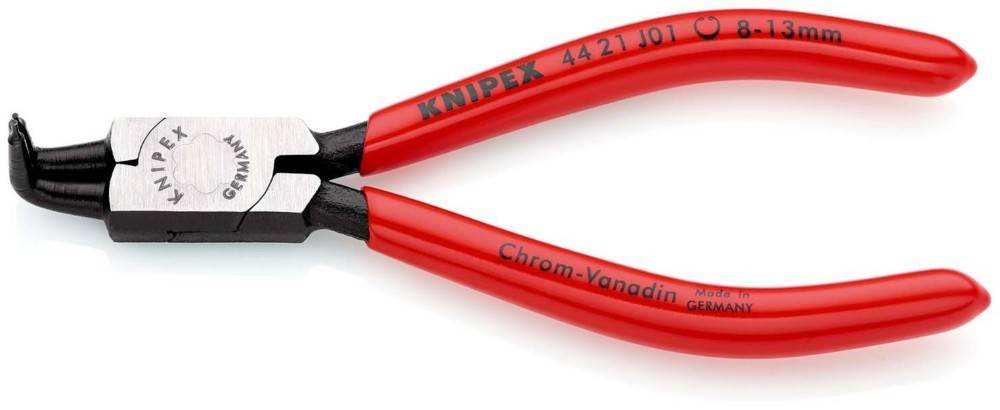 Rot-griff-Sicherungsringzangen von KNIPEX mit abgewinkelten schwarzen Backen, auf weißem Hintergrund dargestellt.
