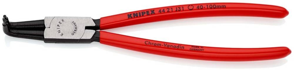 Rot griffige Knipex-Seegerringzange mit gebogenen schwarzen Backen, von der Seite auf weißem Hintergrund dargestellt.
