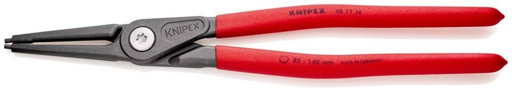 Nahaufnahme von Knipex-Spitzzangen mit rotem Griff und langen spitzen Backen, Seitenansicht auf weißem Hintergrund.