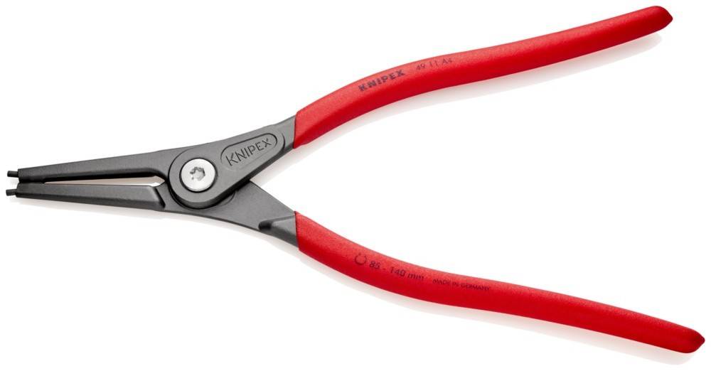 Rot-griff, schwarzes Metallwerkzeug der Marke Knipex mit '85 140 mm - Made in Germany' auf dem Griff, verwendet zum Drahtklemmen und -schneiden.