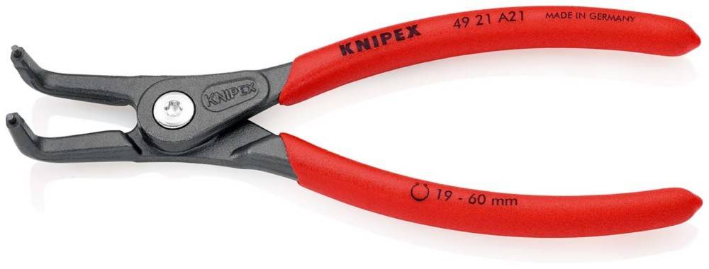 Knipex Sprengring-Zangen mit roten Griffen, auf weißem Hintergrund dargestellt, zum Einsetzen und Entfernen von inneren oder äußeren Sprengringen.