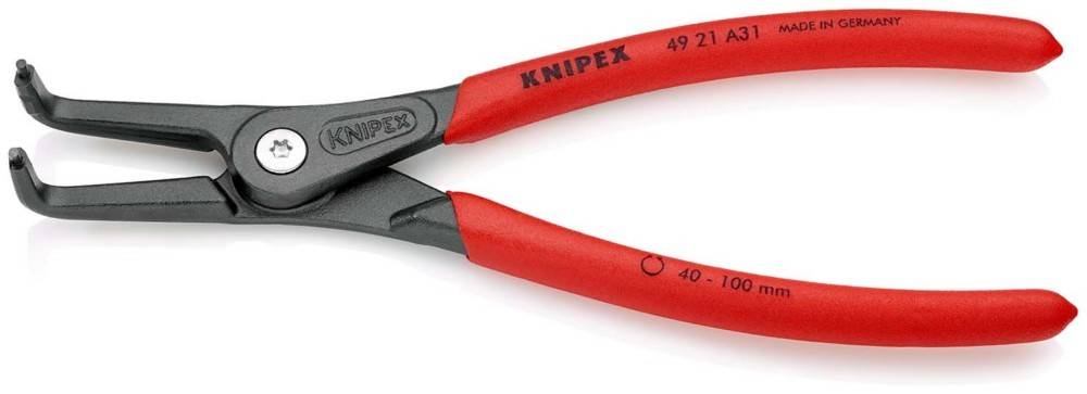 Rot-griffige KNIPEX Sicherungsringzange mit gewinkelt ausgeführten Backen, auf weißem Hintergrund abgebildet.