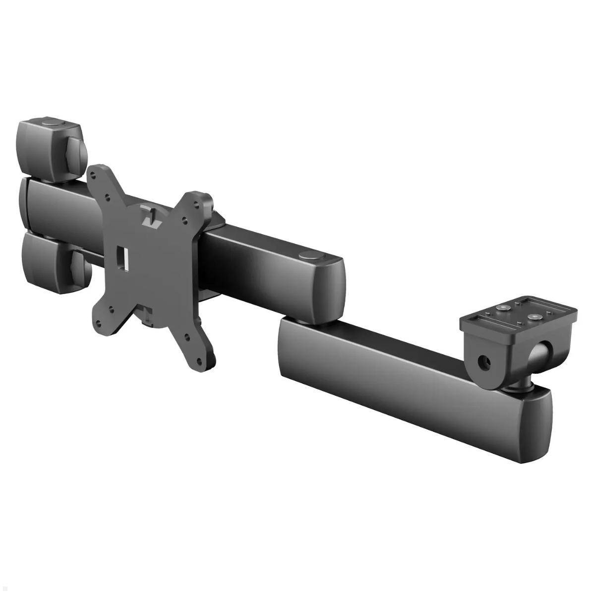 Doppel-Monitorarm in Schwarz, ausgestattet mit zwei verstellbaren Armen und VESA-Halterung. Geeignet für ergonomische Schreibtischeinrichtungen und platzsparende Lösungen.