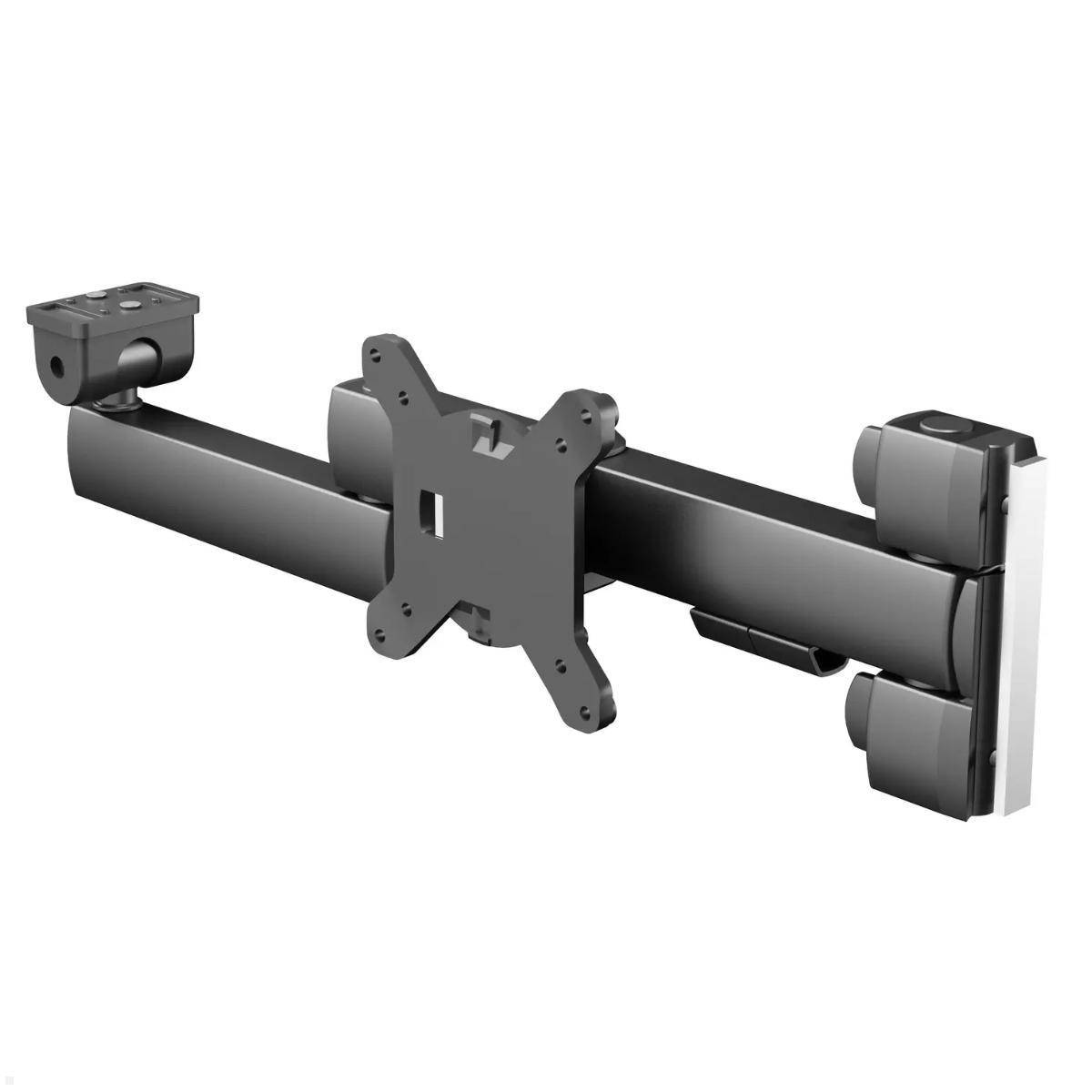 Ein schwarzer, verstellbarer Monitorarm mit mehreren Gelenken und Befestigungspunkten für vielseitige Bildschirmpositionierung.