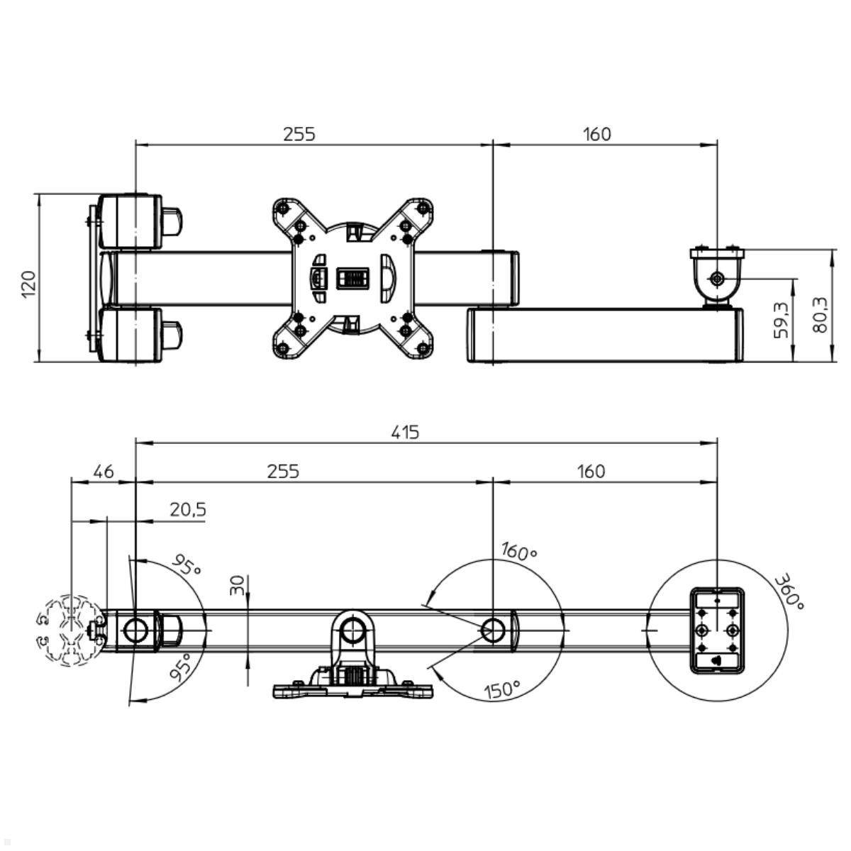 Eine technische Zeichnung eines verstellbaren Monitorarms mit beschrifteten Abmessungen, die Rotationswinkel und Maße in Millimetern zeigt.