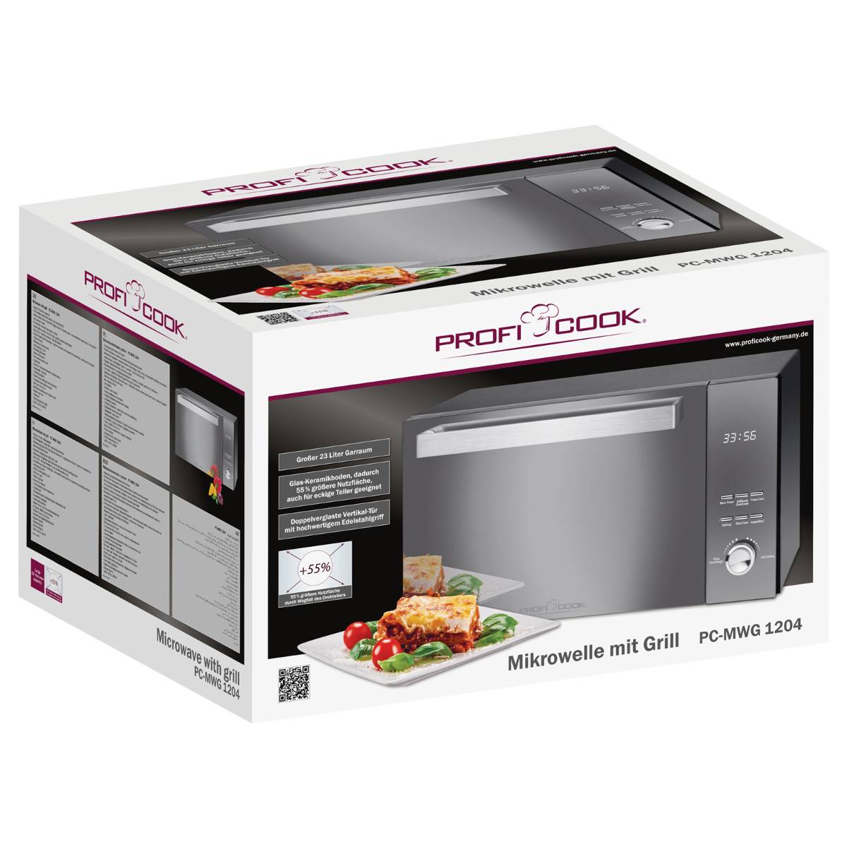 ProfiCook Mikrowelle mit Grill, Produktkarton in Perspektivansicht mit Vorder- und Seitenansichten des Geräts und Verpackungsdetails.