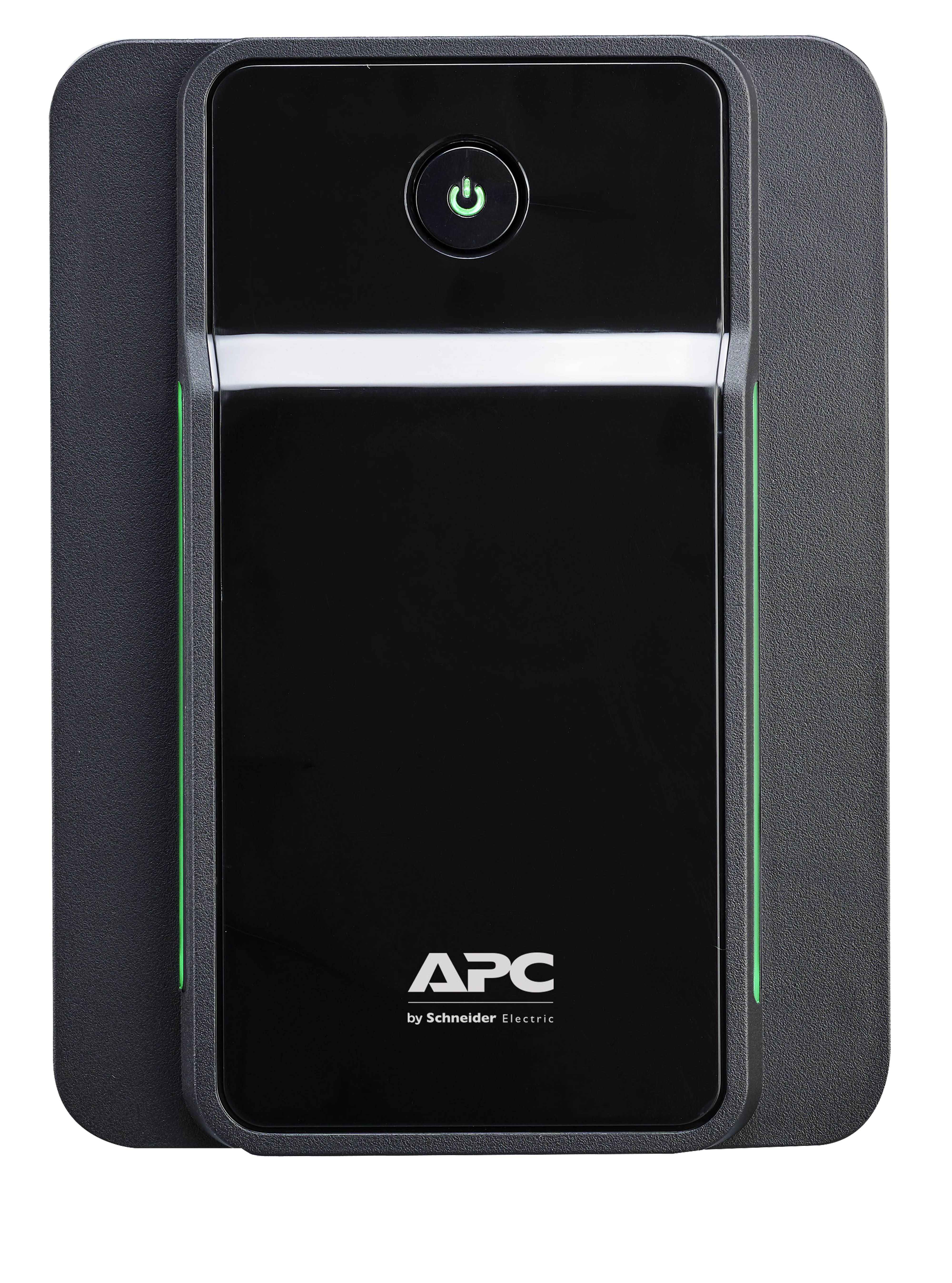 Frontansicht einer unterbrechungsfreien Stromversorgung (USV) von APC by Schneider Electric mit einem Netzschalter und Statusleuchten.