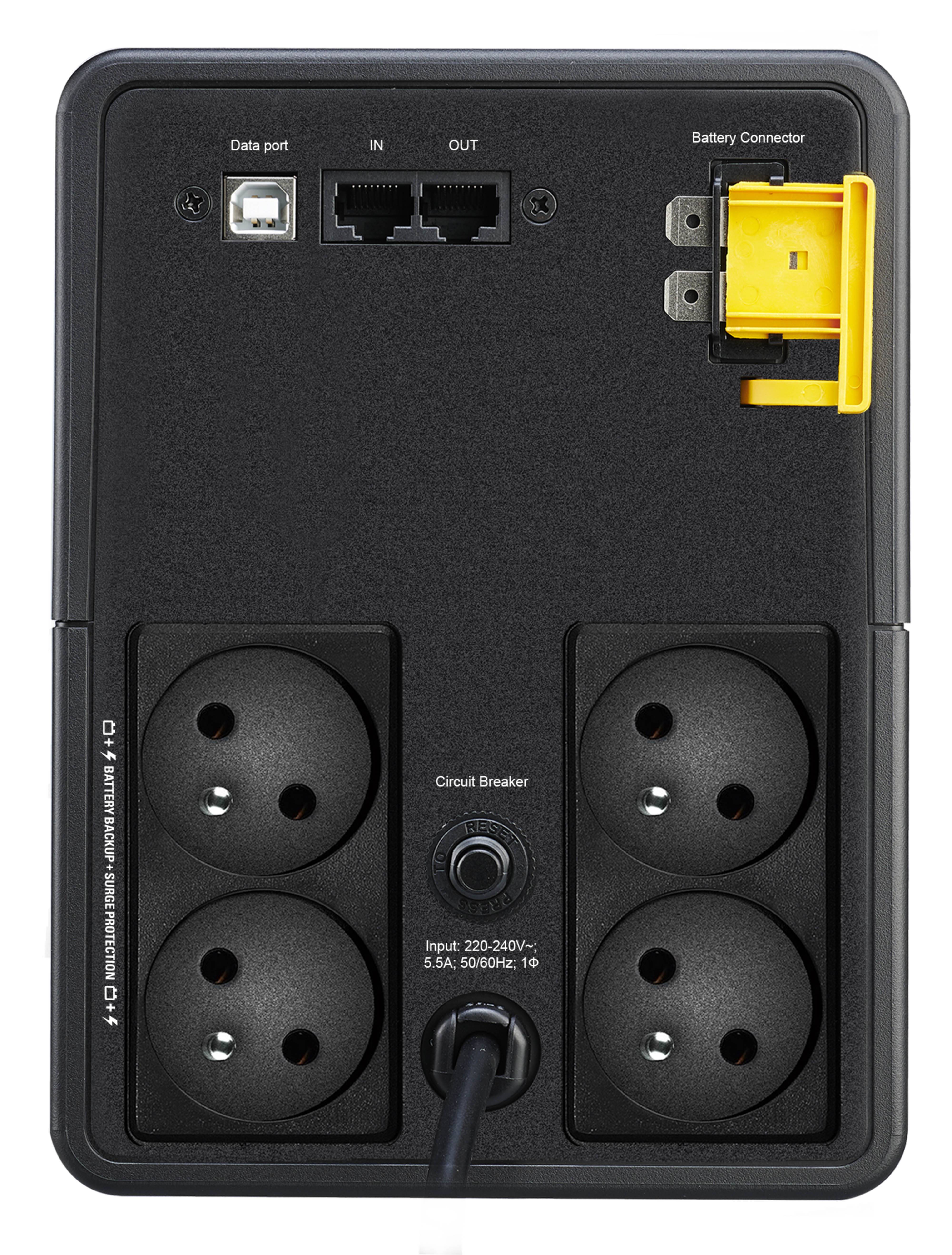 Rückseite einer Batterie-Backup-Einheit mit Datenport, IN/OUT-Netzwerkbuchsen, Batteriestecker, vier Stromausgängen, Schutzschalter und Eingangskabel.