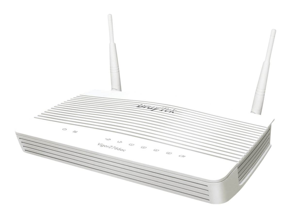 Weißer kabelloser Router mit zwei Antennen, aus einer schrägen Perspektive auf einem einfachen Hintergrund gezeigt.