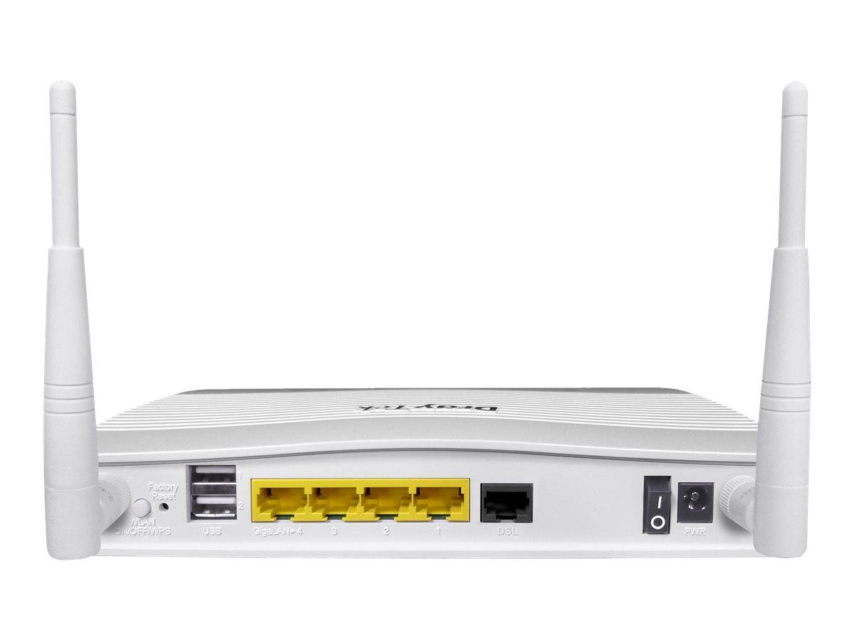 Weißer kabelloser Router von hinten gezeigt, mit zwei Antennen, vier gelben Ethernet-Anschlüssen, einem USB-Anschluss, Stromanschluss und Ein-/Ausschalter.