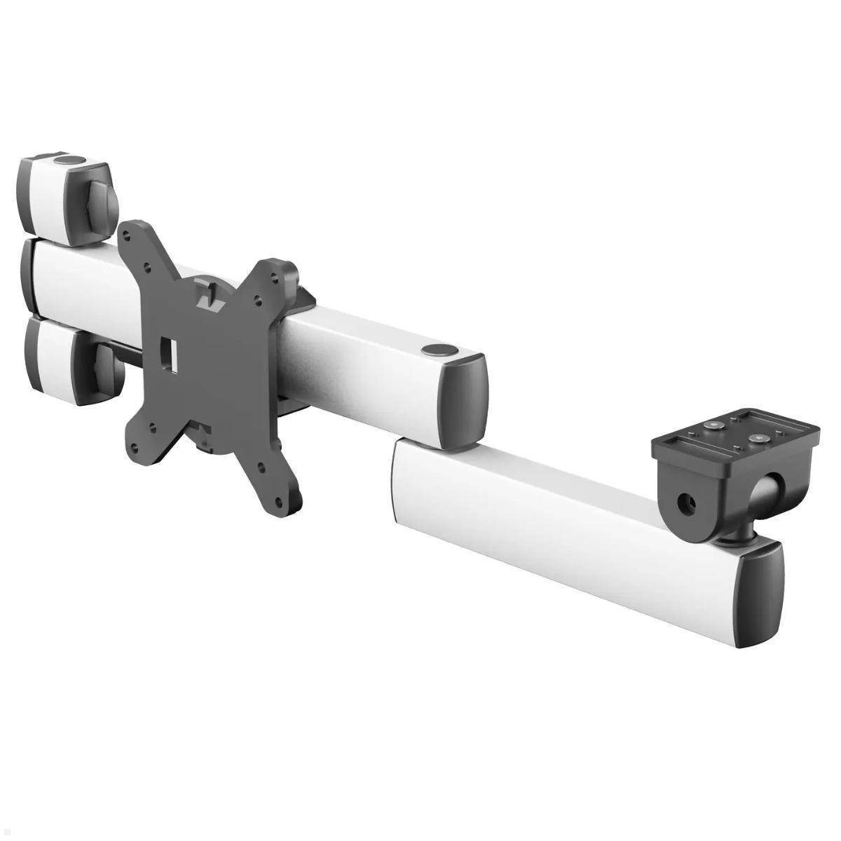 Ein Dual-Monitorarm-Montagessystem mit verstellbaren Gelenken und VESA-Platte, entwickelt für ergonomische Schreibtischeinrichtungen.