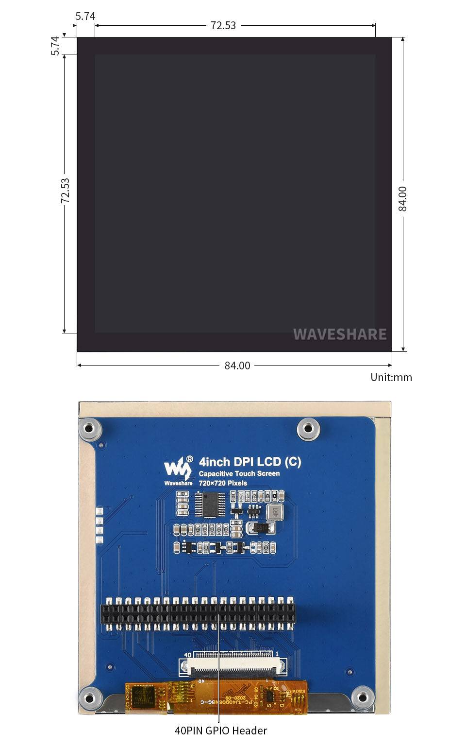 WaveShare 4inch Square Capacitive Touch Screen LCD (C) for Raspberry Pi