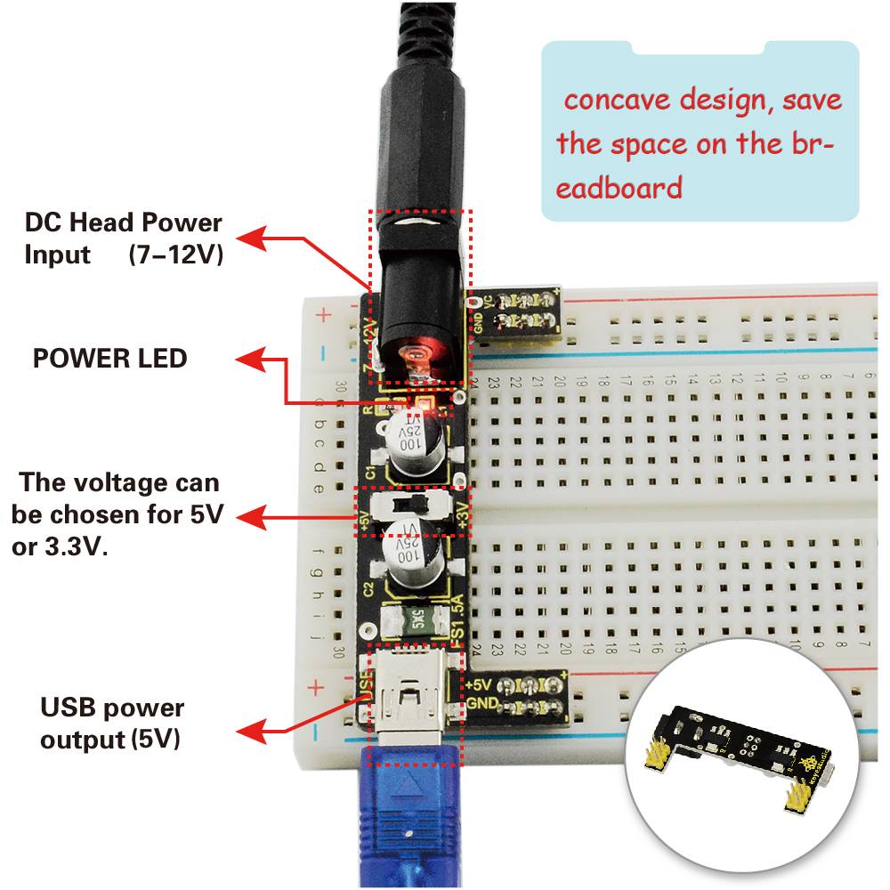 Keyestudio Breadboard Kit for Arduino, Power Module + Breadboard + Jumper Wires