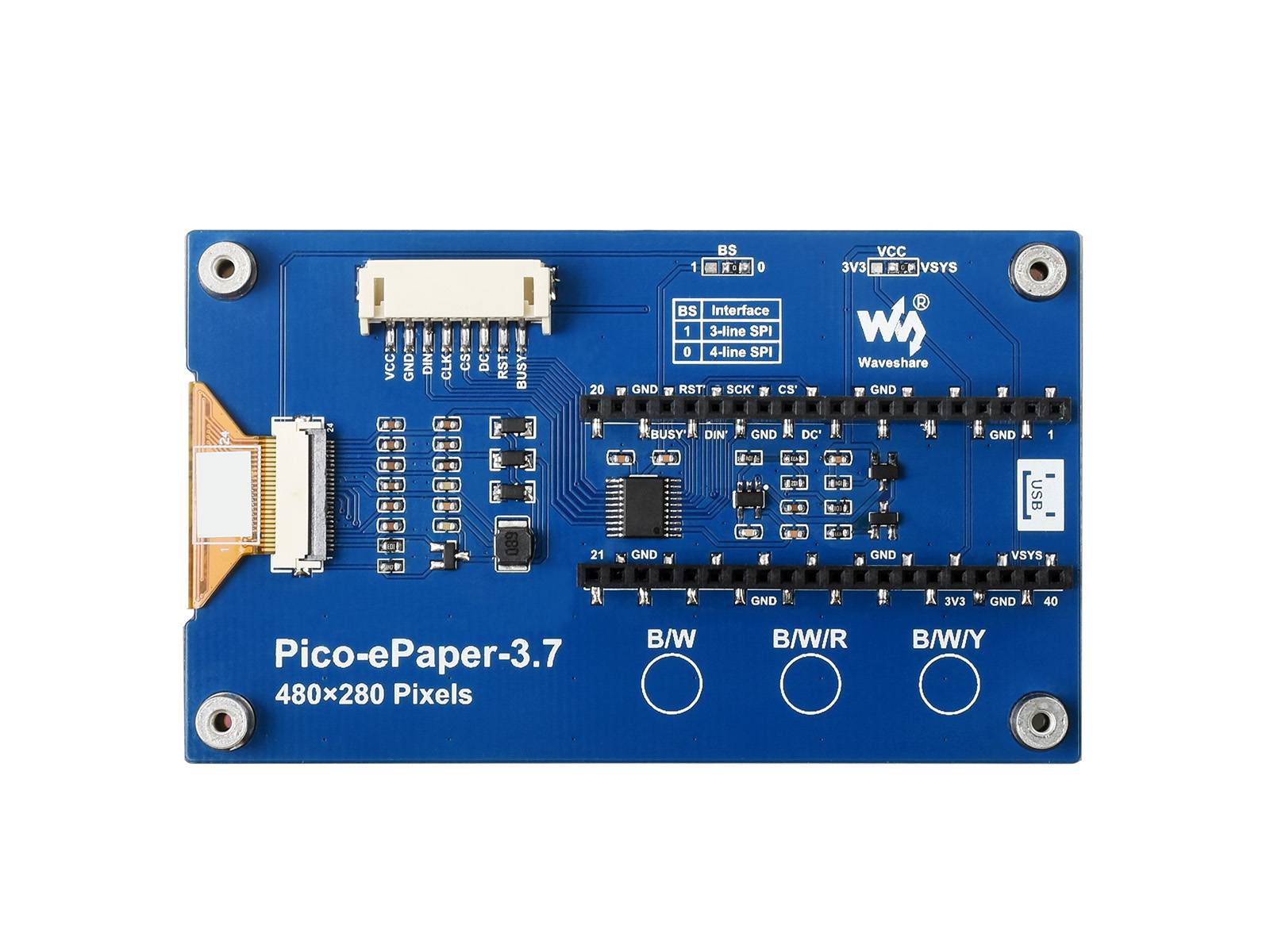 WaveShare 3.7inch E-Paper E-Ink Display Module for Raspberry Pi Pico 480x280 Black White SPI