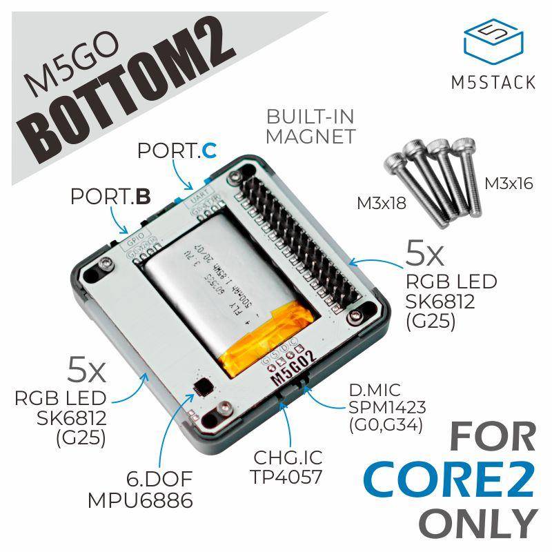 M5Stack M5GO Battery Bottom2 for M5Core2 only with MPU6886 Mic 500mAh Lipo