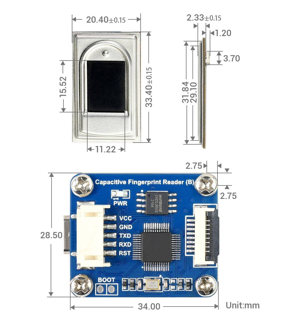 WaveShare High precision Capacitive Fingerprint Reader (B), UART/USB dual ports