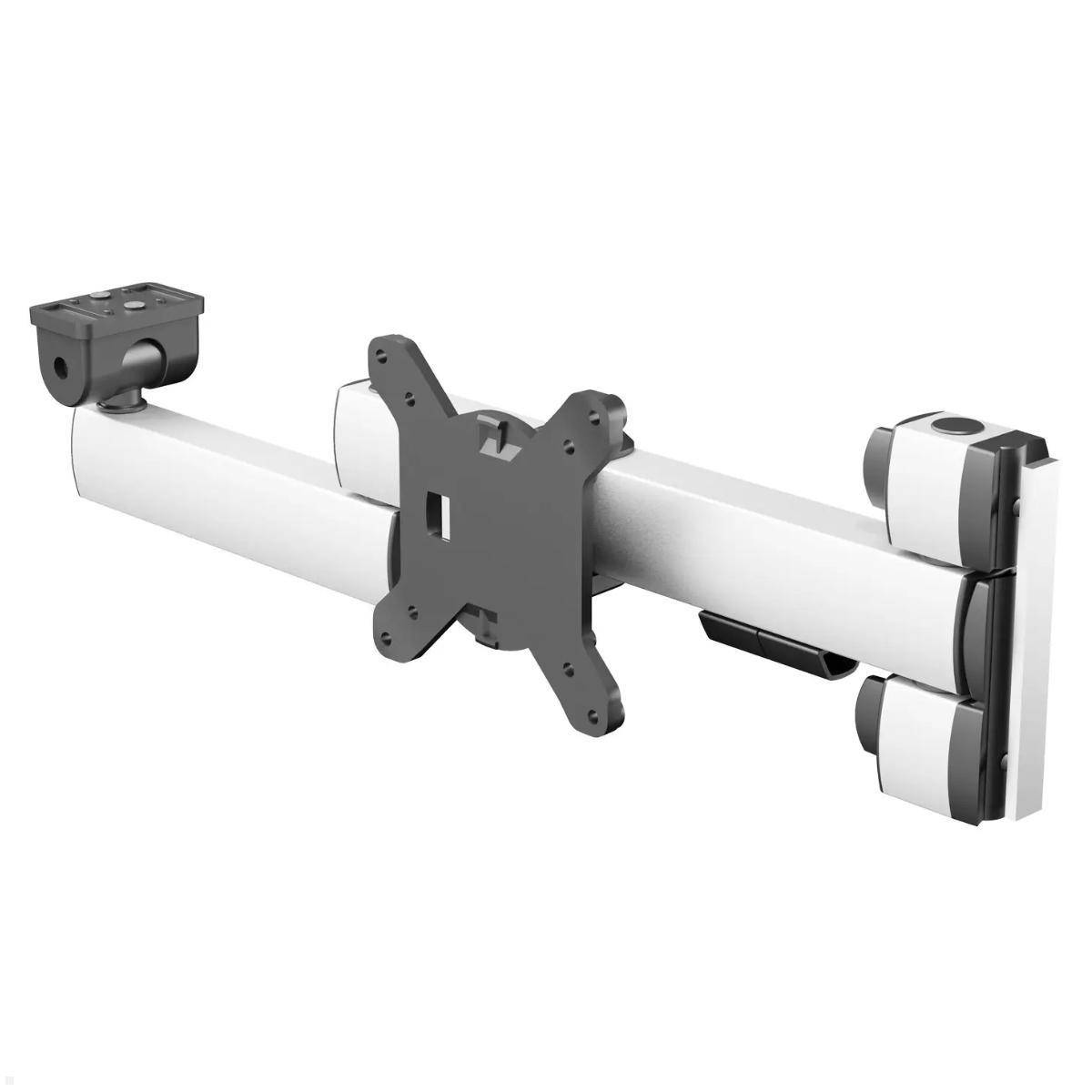 Ein Monitorarm für Computermonitore mit verstellbaren Gelenken und einer stabilen Basis zur Befestigung am Schreibtisch.