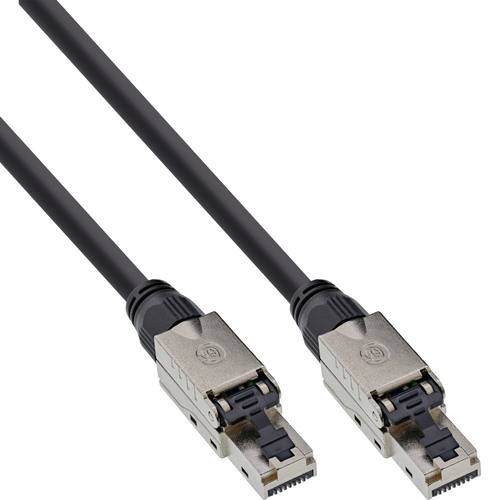 Zwei schwarze Ethernet-Kabel mit RJ45-Steckern, geeignet für Hochgeschwindigkeits-Internetverbindungen, nebeneinander auf weißem Hintergrund platziert.