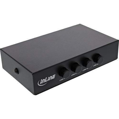 Schwarze Audio-Schaltbox mit vier USB-Drehreglern auf der Vorderseite, beschriftet mit „USB A