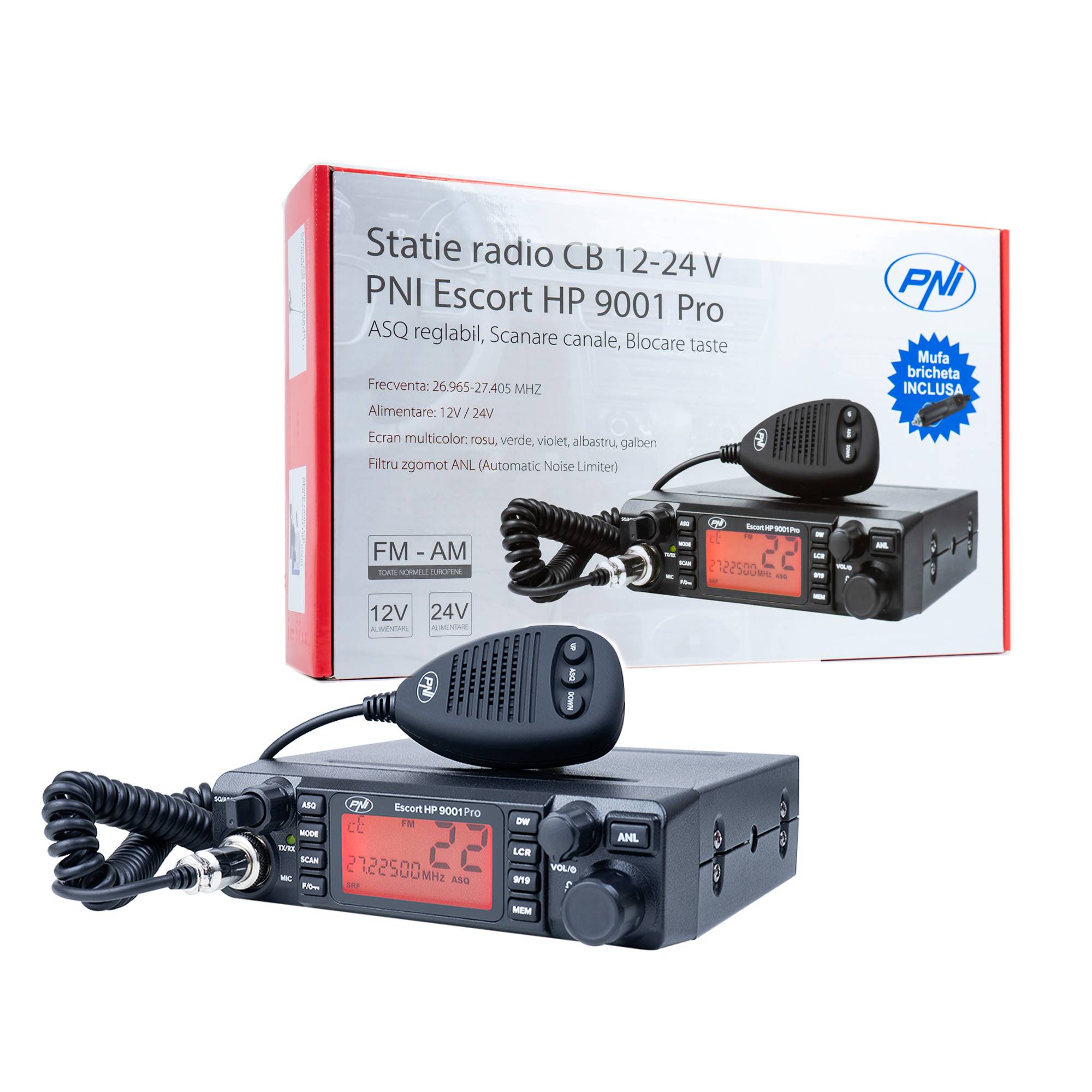 <p>CB PNI Escort CB 9001 PRO ASQ Einstellbares CB-Radio, AM-FM, 12V / 24V, 4W, Scan, Dual Watch, ANL, Mehrfarbenbildschirm<br /> <br /> <br />