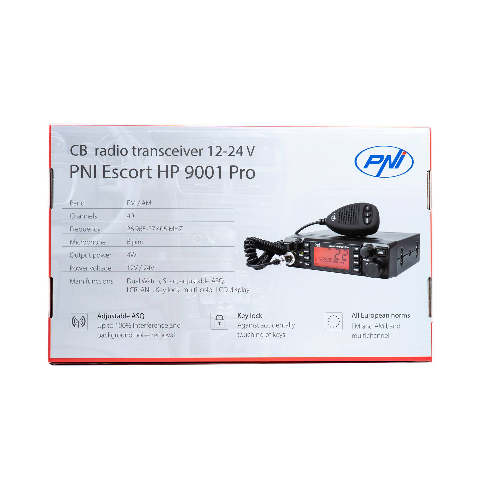 <p>CB PNI Escort CB 9001 PRO ASQ Einstellbares CB-Radio, AM-FM, 12V / 24V, 4W, Scan, Dual Watch, ANL, Mehrfarbenbildschirm<br /> <br /> <br />