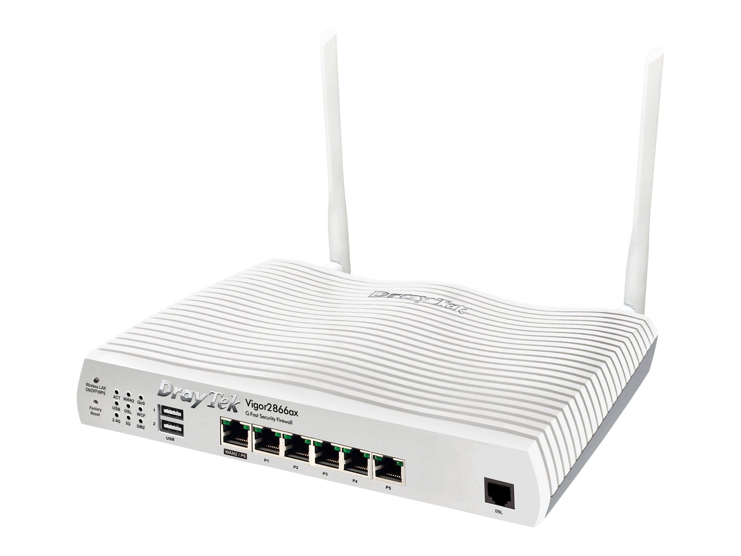 Weißer DrayTek Vigor2860x-Router mit zwei Antennen, vordere Anschlüsse und Statusleuchten sichtbar auf einem schlichten Hintergrund.