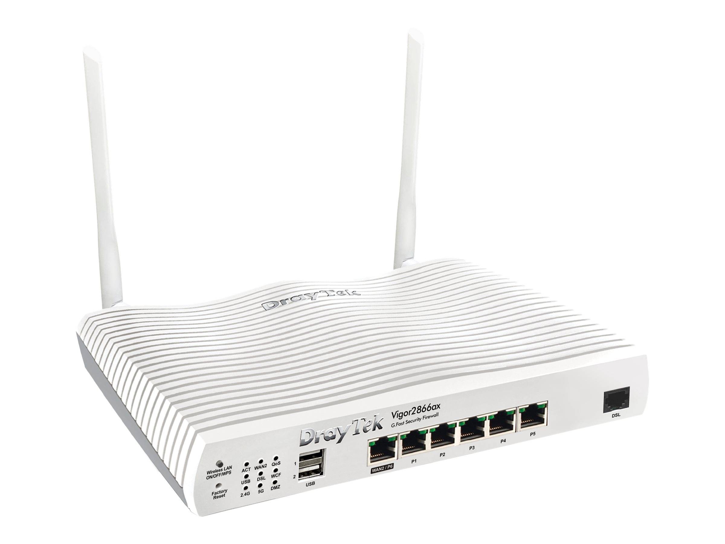 Weißer DrayTek Vigor Router mit zwei Antennen und mehreren Ethernet-Anschlüssen, dargestellt in einem produktähnlichen Bild auf weißem Hintergrund.