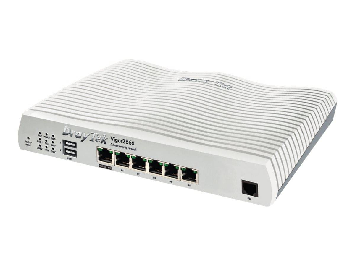 Vorderansicht eines DrayTek Vigor2866 Router/Modems mit mehreren Ethernet-Anschlüssen, Statusleuchten und zwei USB-Anschlüssen auf weißem Hintergrund.