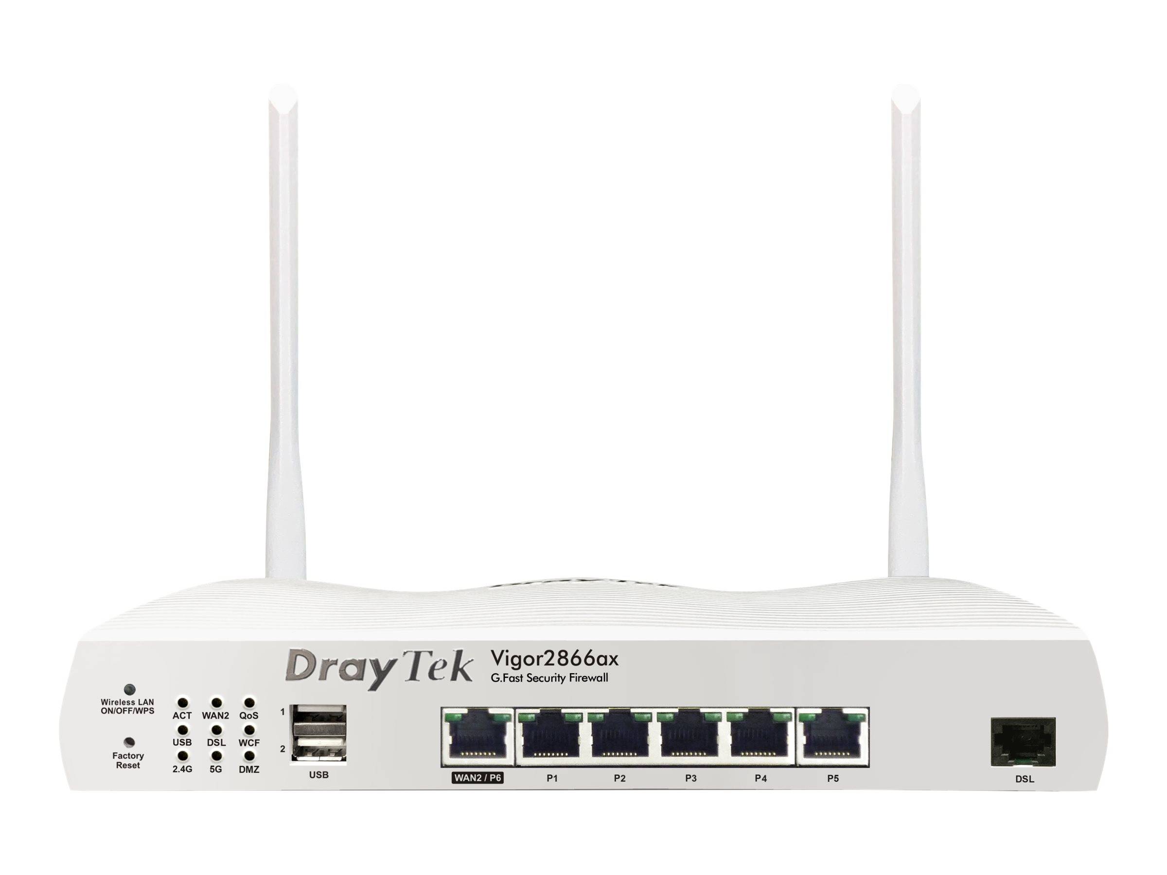 Frontansicht eines DrayTek Vigor2866ax Wireless-Routers mit zwei Antennen, USB-Anschluss, sechs Ethernet-Anschlüssen und einem DSL-Anschluss.